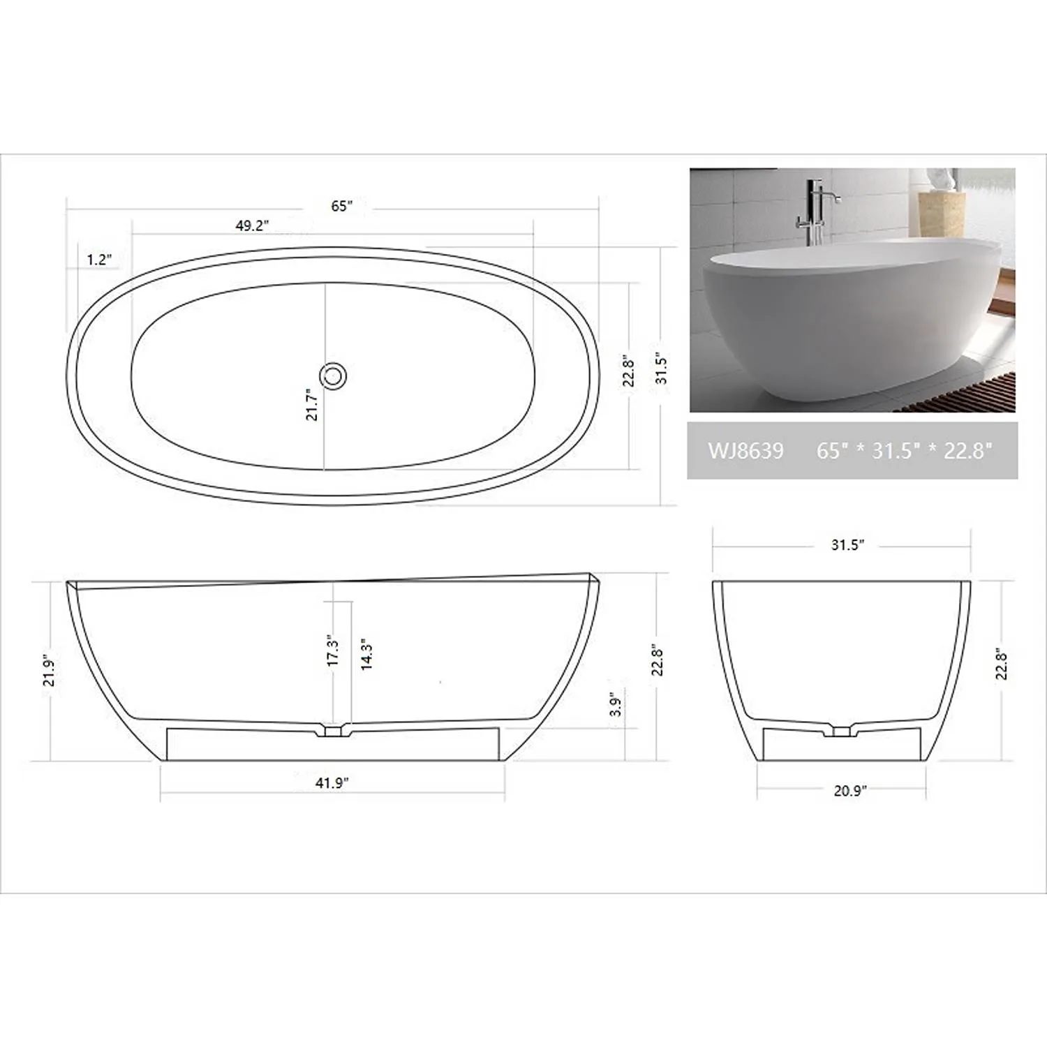Legion Furniture 65 Inch No Faucet Matt White Solid Surface Bathtub - image 7