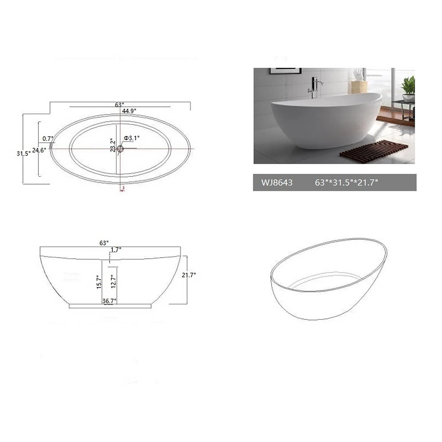 Legion Furniture 63 Inch No Faucet Matt White Solid Surface Bathtub - image 4
