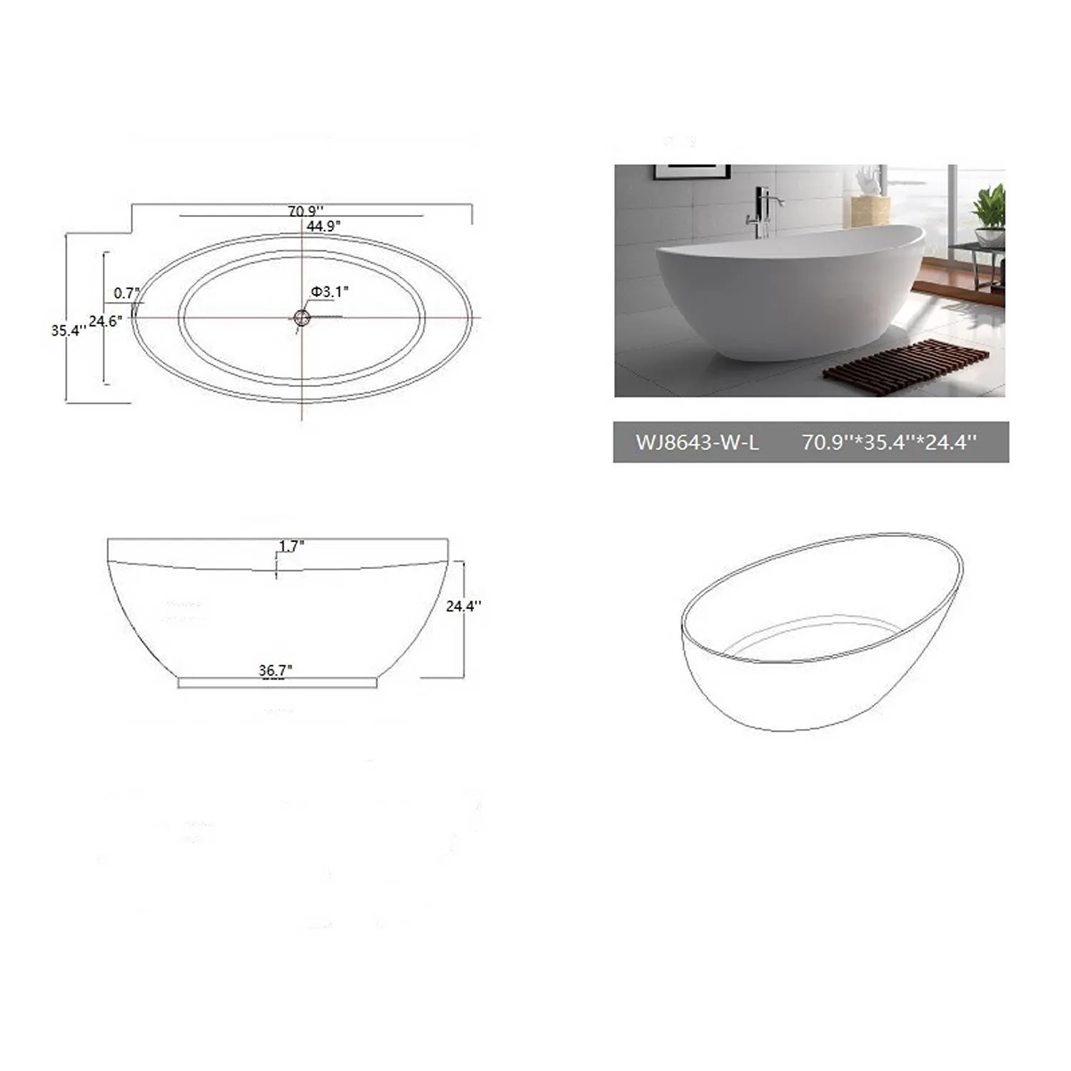 Legion Furniture 71 Inch No Faucet Matt White Solid Surface Bathtub - image 4