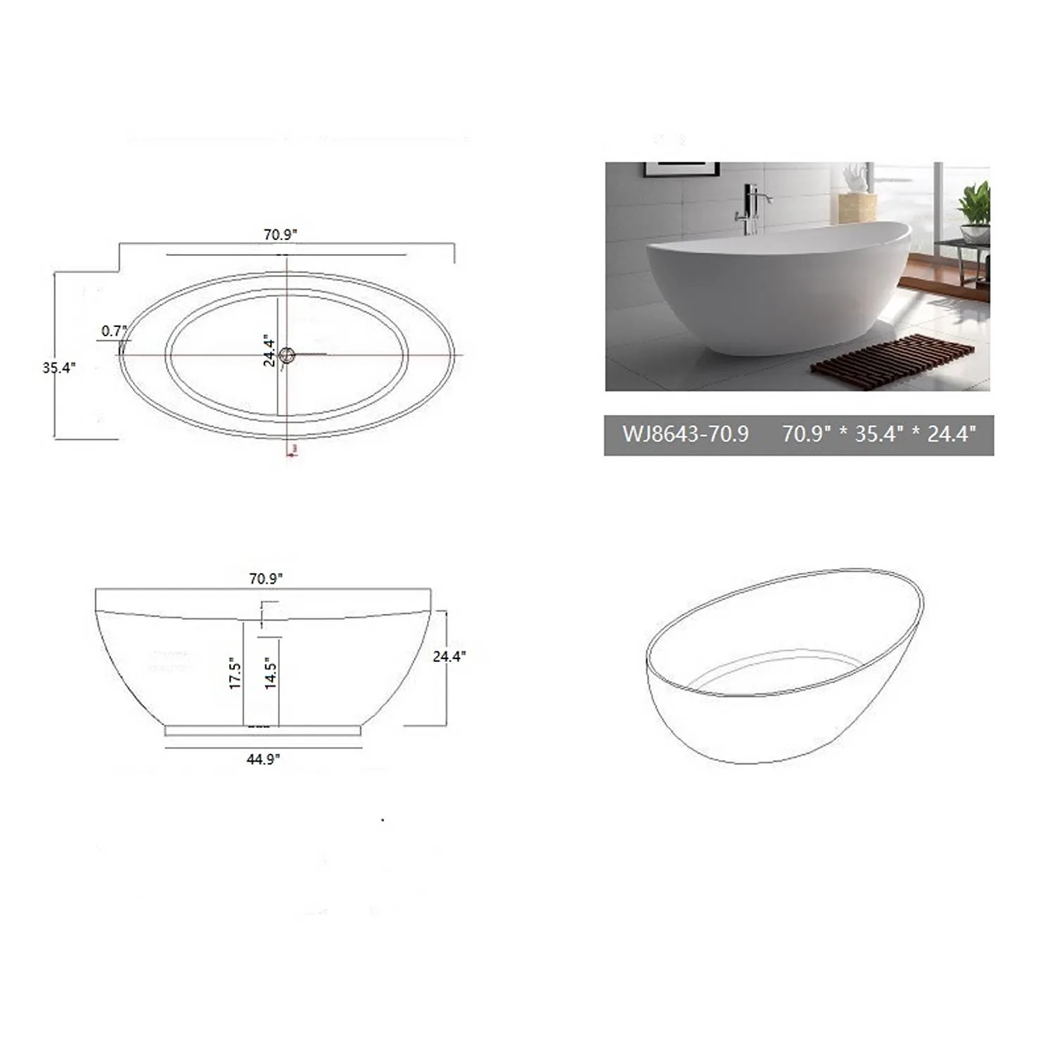 Legion Furniture 71 Inch No Faucet Matt White Solid Surface Bathtub - image 6