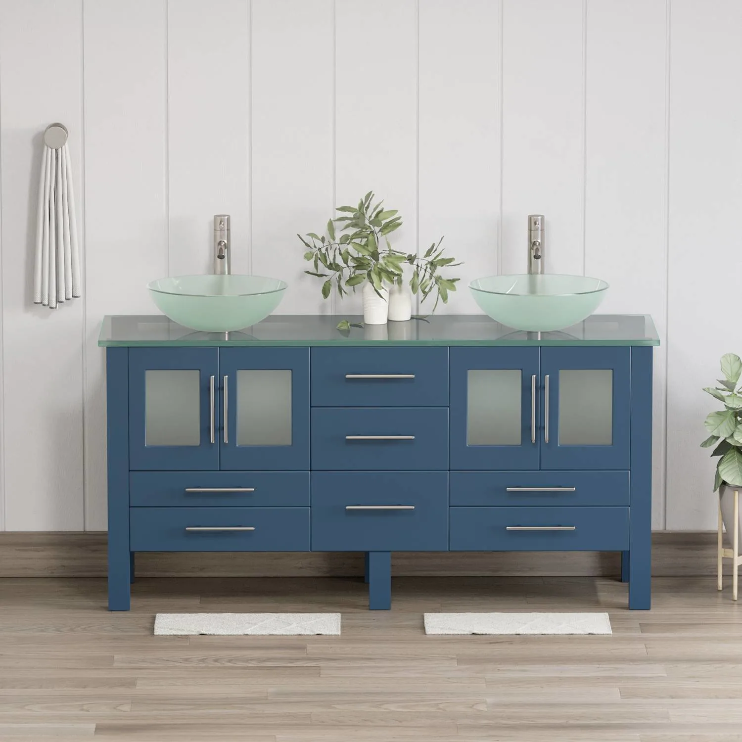 Cambridge Plumbing Complete 63 Inch Glass Counter Blue Vanity Set
